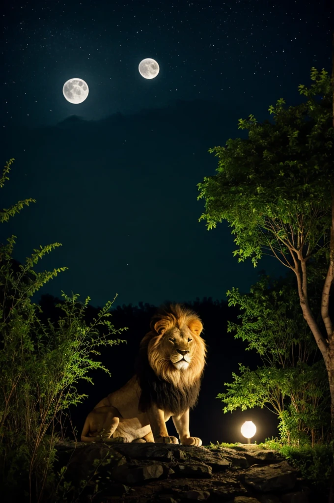 Lion in dark night with moon and plants

