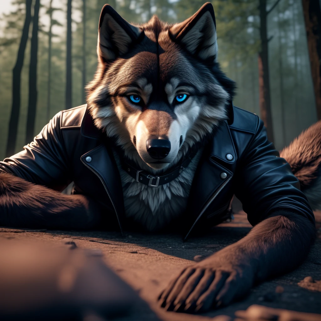 1Male, 30 years old, cute, eyeliner, very sad expression, black leather jacket, anthro, sad wolf ears, (black fur:1.5), wolf, forest background, 8k, hi res, (best quality, masterpiece), (wolf tail:1.5), detailed fur, solo, collar, blue jeans, blue eyes, lying down on ground. dynamic angle, ultra-detailed