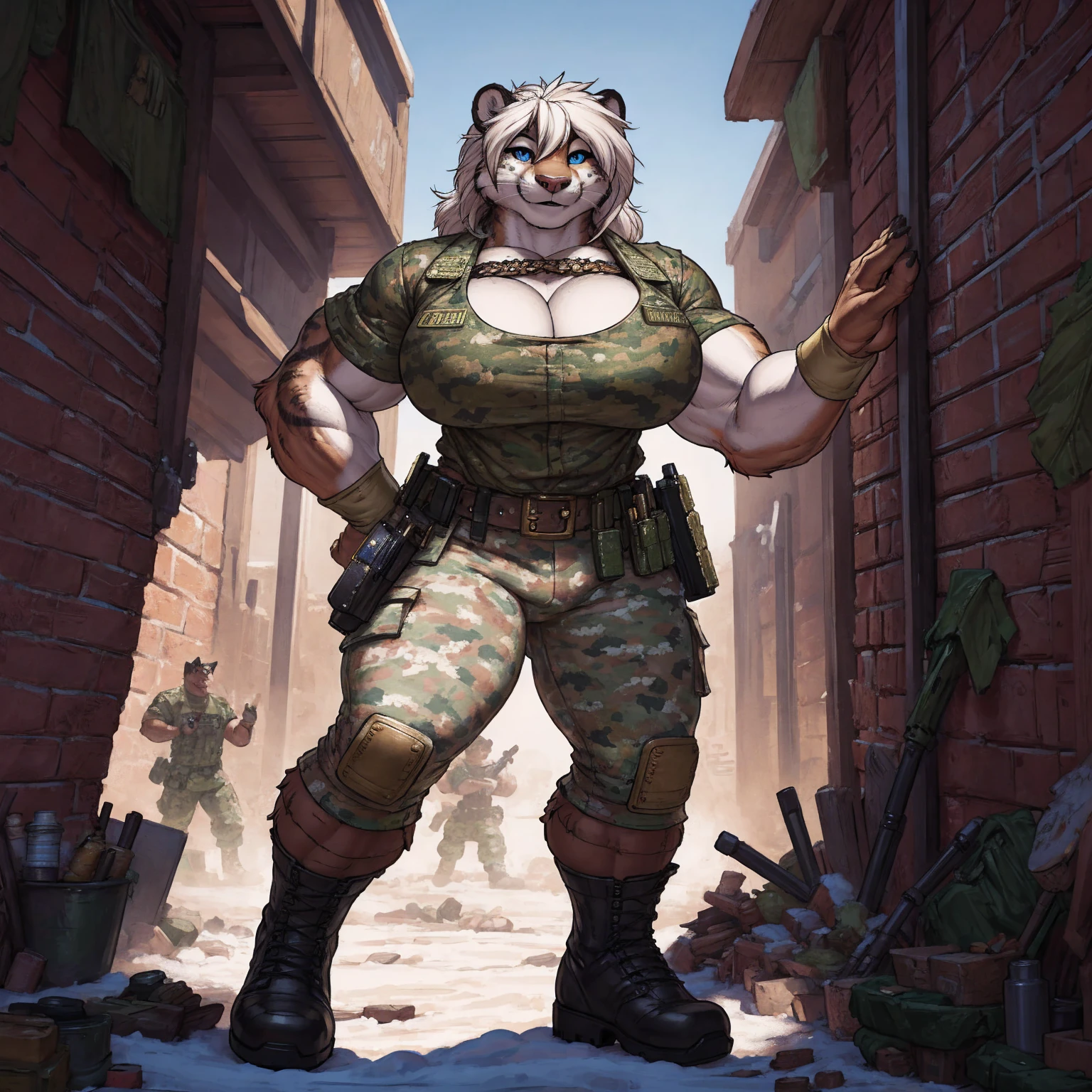 solo, 1girl, snow leopard, white hair, blue eyes, female, buff, muscular, huge breasts, gold eyes, highly detailed eyes, Amazon, wearing camouflage_uniform, (urban uniform:1.2), military camp, rolled sleeves, shirt, trousers, cleavage, standing upright, combat boots, full body, smiling, friendly, looking at viewer, realistic lighting, by darkgem, by meesh, by gideon,