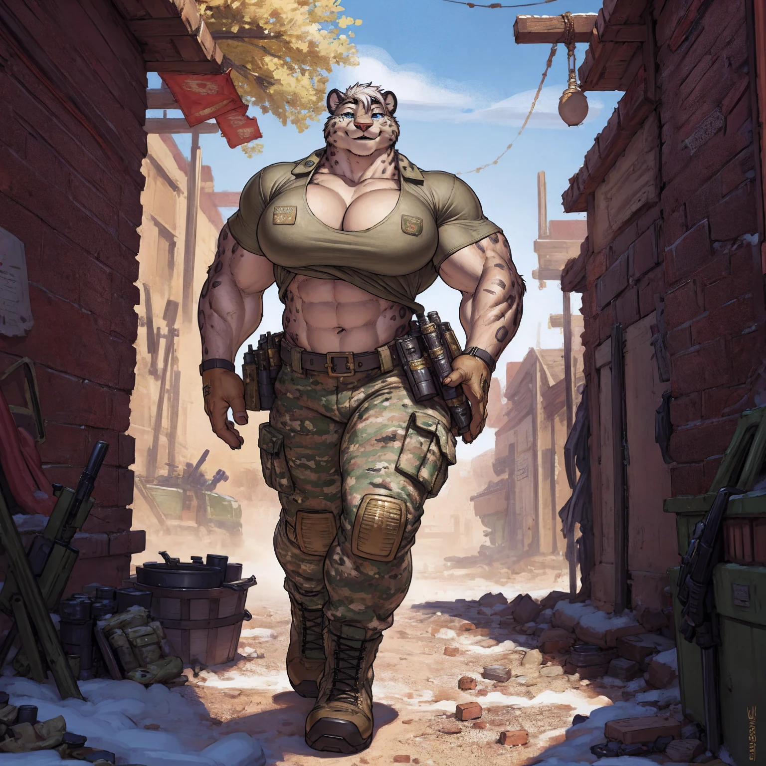 solo, 1girl, snow leopard, white hair, blue eyes, female, buff, muscular, huge breasts, gold eyes, highly detailed eyes, Amazon, wearing camouflage_uniform, (urban uniform:1.2), military camp, rolled sleeves, shirt, trousers, cleavage, standing upright, combat boots, full body, smiling, friendly, looking at viewer, realistic lighting, by darkgem, by meesh, by gideon,