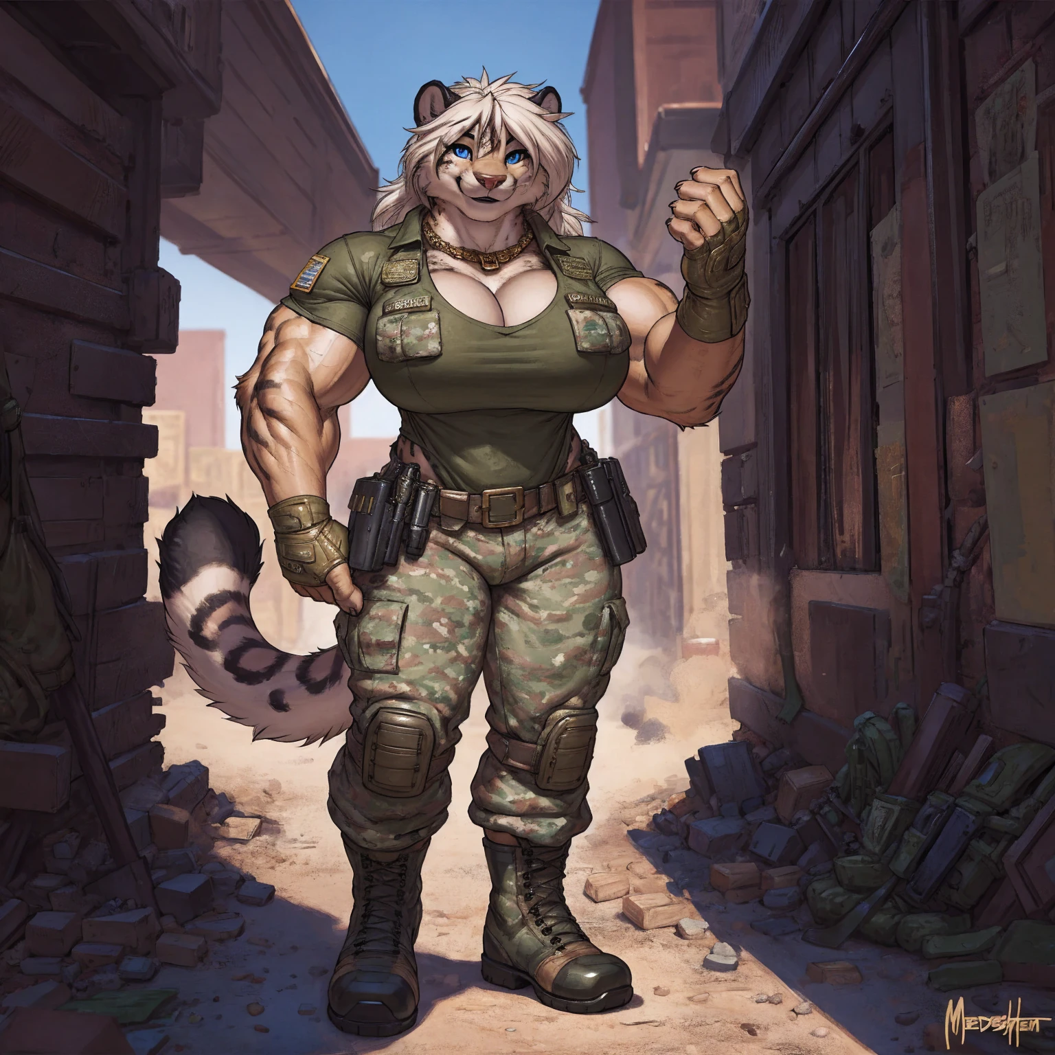 solo, 1girl, snow leopard, white hair, blue eyes, female, buff, muscular, huge breasts, gold eyes, highly detailed eyes, Amazon, wearing camouflage_uniform, (urban uniform:1.2), military camp, rolled sleeves, shirt, trousers, cleavage, standing upright, combat boots, full body, smiling, friendly, looking at viewer, realistic lighting, by darkgem, by meesh, by gideon,