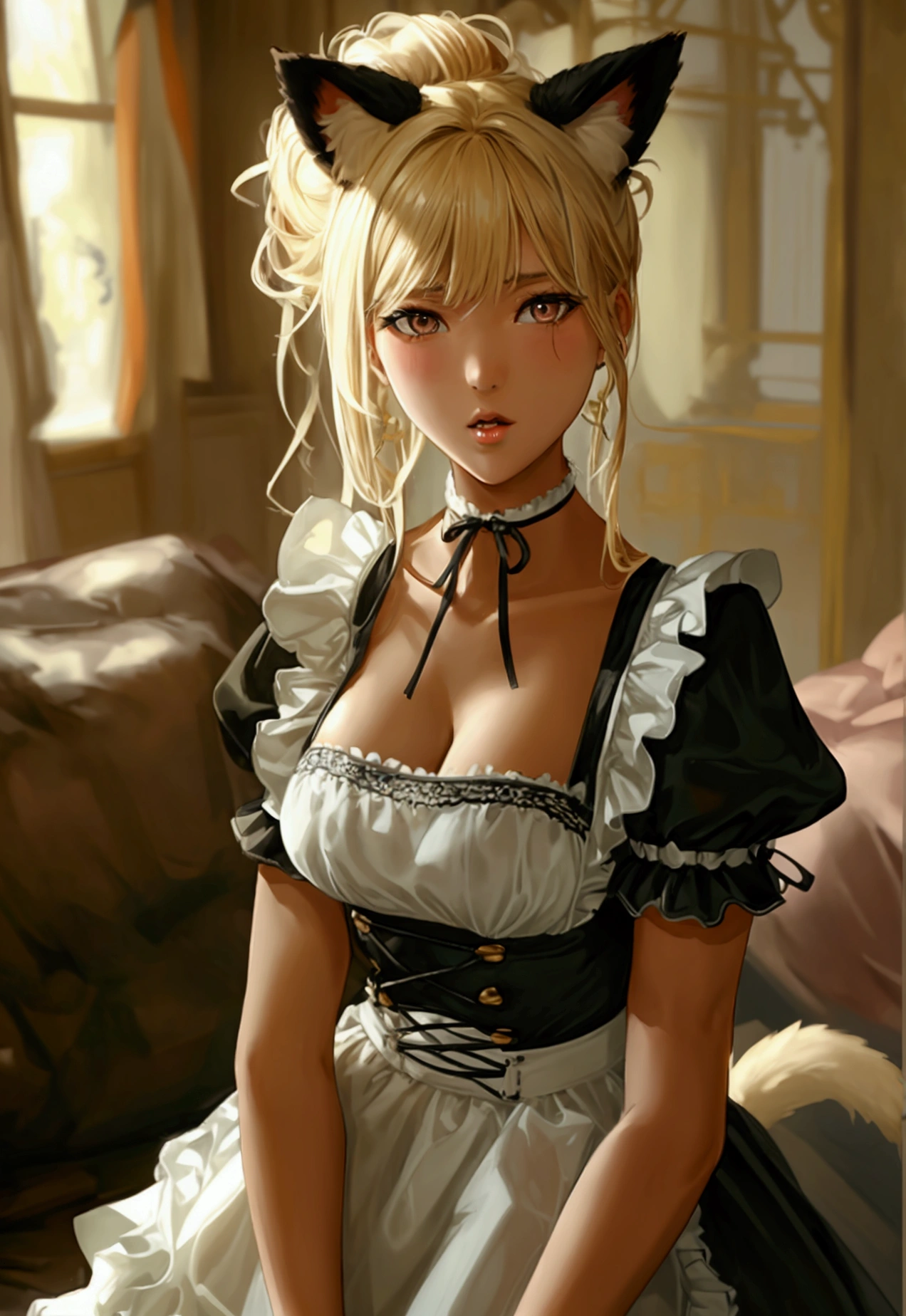 masterpiece, highly detailed, highest quality, high resolution, super precise, (1 girl), simple black French maid dress, white apron, semi-opaque stockings, flawless skin, silky golden blonde hair tied up into a messy bun, soft and cute facial features, plump pink lips, 18 year old teenager, tall height(190cm), long slender legs and curvy hips that flare out enticingly on a pear shaped body, cowboy shot, olive-brown eyes, cat ears and tail, very small breasts