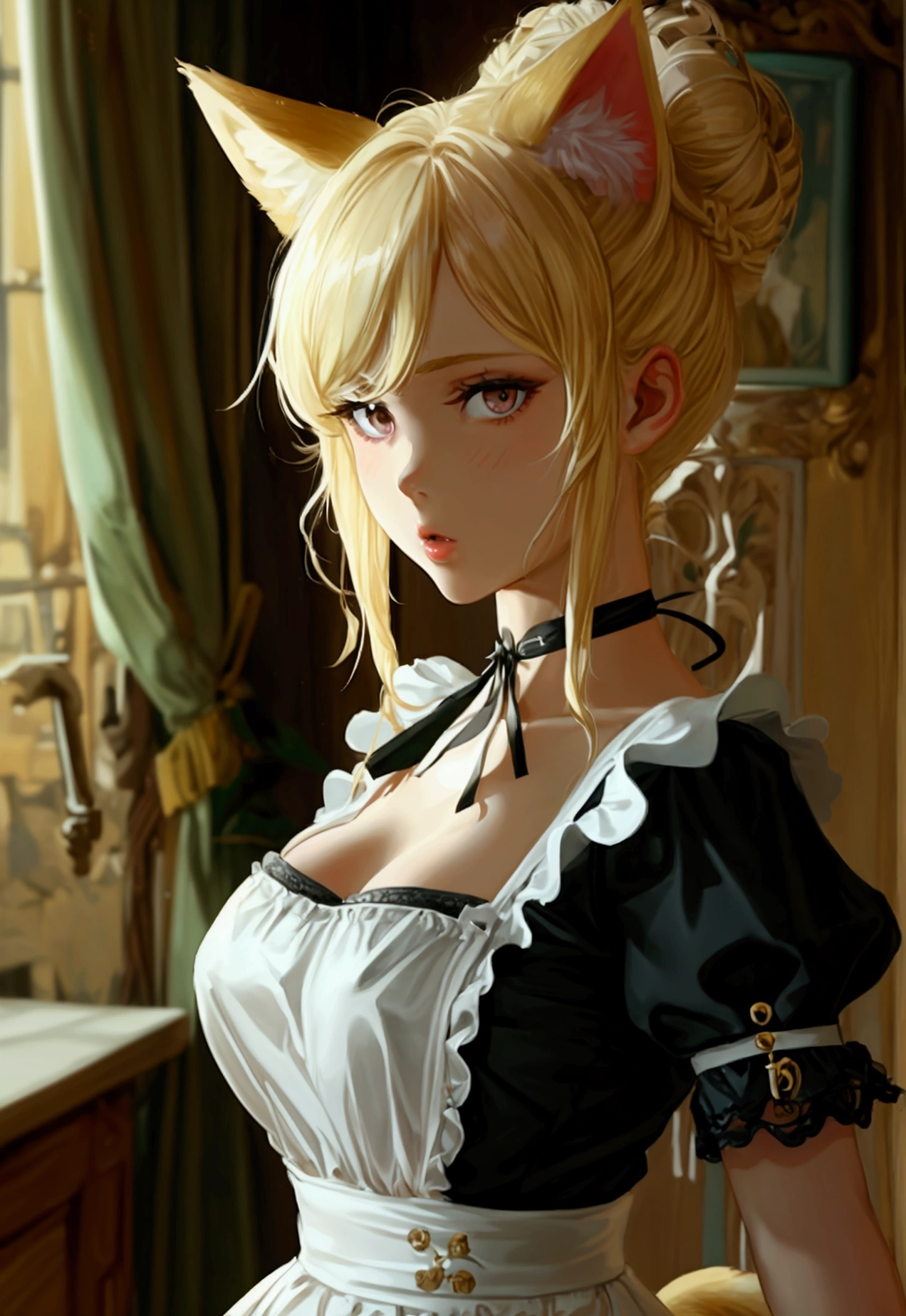 masterpiece, highly detailed, highest quality, high resolution, super precise, (1 girl), simple black French maid dress, white apron, semi-opaque stockings, flawless skin, silky golden blonde hair tied up into a messy bun, soft and cute facial features, plump pink lips, 18 year old teenager, tall height(190cm), long slender legs and curvy hips that flare out enticingly on a pear shaped body, cowboy shot, olive-brown eyes, cat ears and tail, very small breasts