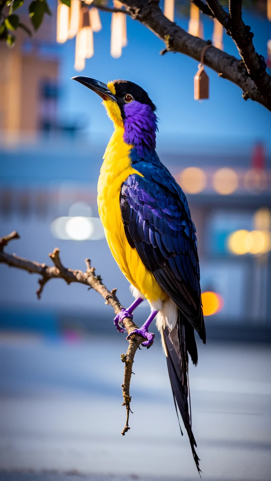 a majestic bird, long tail feathers, purple yellow with colorful polka dots, perched on a tree branch, anxious, anxious expression, full body, ultra-realistic cinematic image, canon r5 camera, 8k, photorealistic, intricate details, dramatic lighting, stunning colors