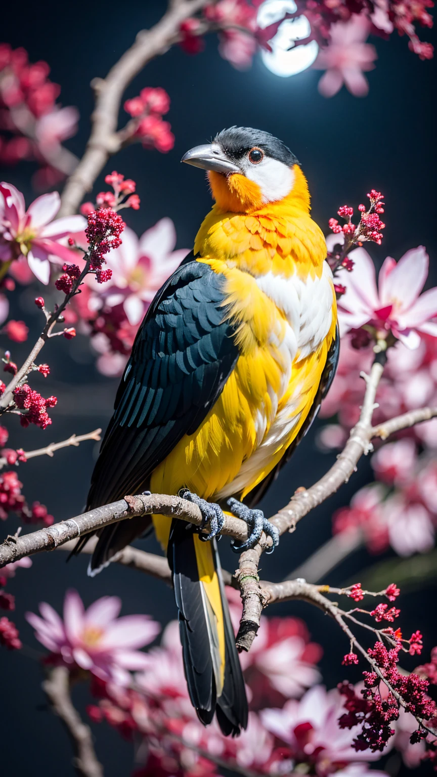 a majestic bird, long tail feathers, purple yellow with colorful polka dots, perched on a tree branch, anxious, anxious expression, full body, ultra-realistic cinematic image, canon r5 camera, 8k, photorealistic, intricate details, dramatic lighting, stunning colors