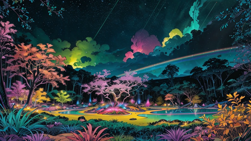 A photorealistic fantastical landscape. The background features floating islands covered in bioluminescent plants, cascading waterfalls of rainbow colors, and giant crystalline structures that refract light. Vibrant colors include deep purples, electric blues, neon pinks, and shimmering golds. The lighting is ethereal, with a soft glow emanating from the plants and crystals. Broad strokes of bright, contrasting colors sweep across the sky, reminiscent of an abstract painting - vibrant oranges, lime greens, and vivid magentas create a striking contrast against the fantastical elements.