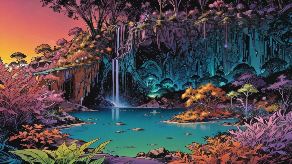 A photorealistic fantastical landscape. The background features floating islands covered in bioluminescent plants, cascading waterfalls of rainbow colors, and giant crystalline structures that refract light. Vibrant colors include deep purples, electric blues, neon pinks, and shimmering golds. The lighting is ethereal, with a soft glow emanating from the plants and crystals. Broad strokes of bright, contrasting colors sweep across the sky, reminiscent of an abstract painting - vibrant oranges, lime greens, and vivid magentas create a striking contrast against the fantastical elements.