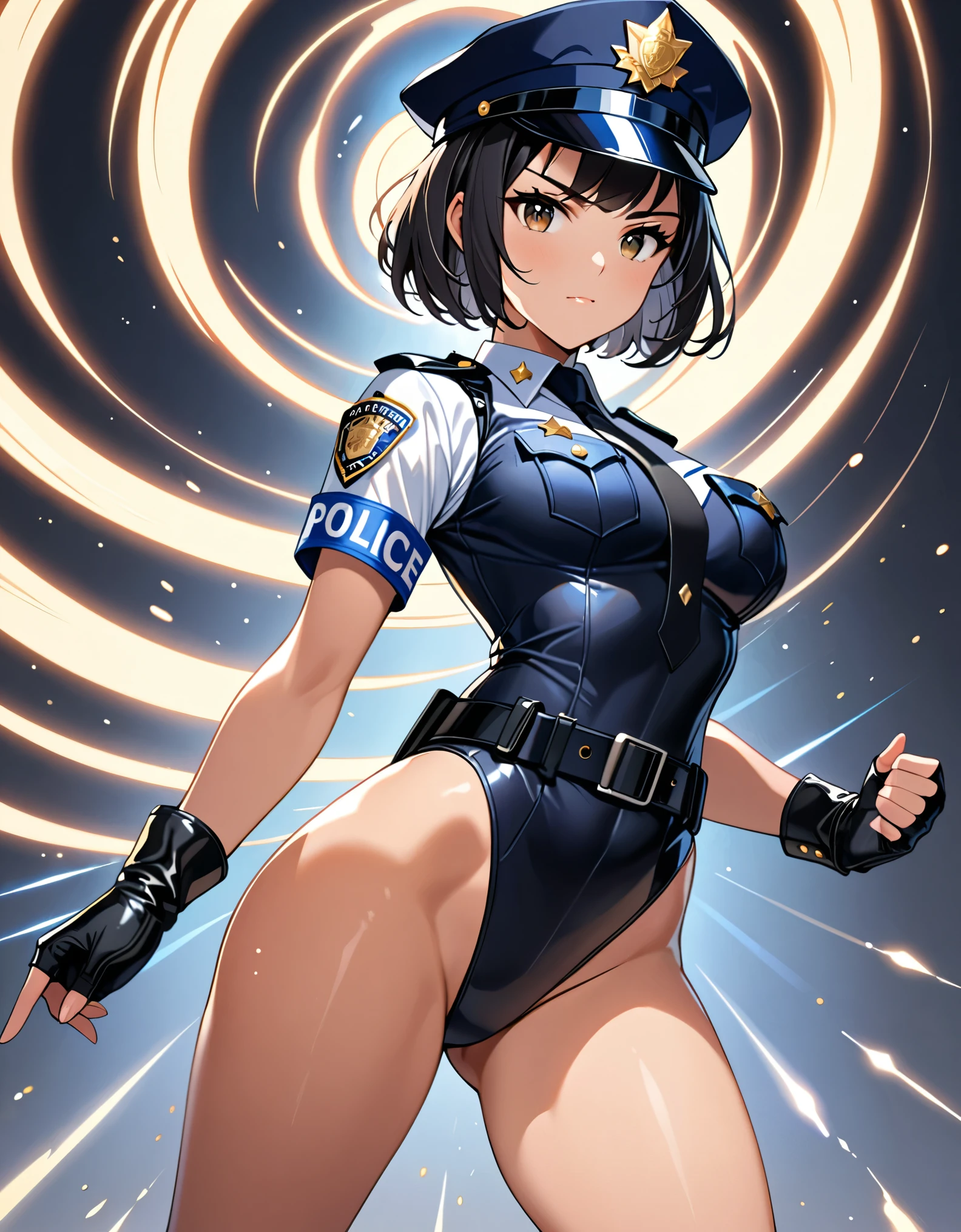 (masterpiece), (best quality), (high res),1girl, tall body, ((short hair, bob hair, jet black hair)), (hazel eyes) beautiful detailed eyes, beautiful detailed face, cute face, perfect hands, complete fingers, perfect anatomy, perfect proportions, ((hat, black police hat)), ((leotard, matching leotard, bare legs)), ((boots, matching boots)), breasts, medium breasts, fingerless gloves, (full body portrait), looking at viewer, solo, solo focus, police uniform, cowboy shot, (belt, tight belt), (armbands, white sleeves), serious, crossed arms, full body costume design. ahoge, she spins at an incredible speed, creating a whirlwind of air around her.