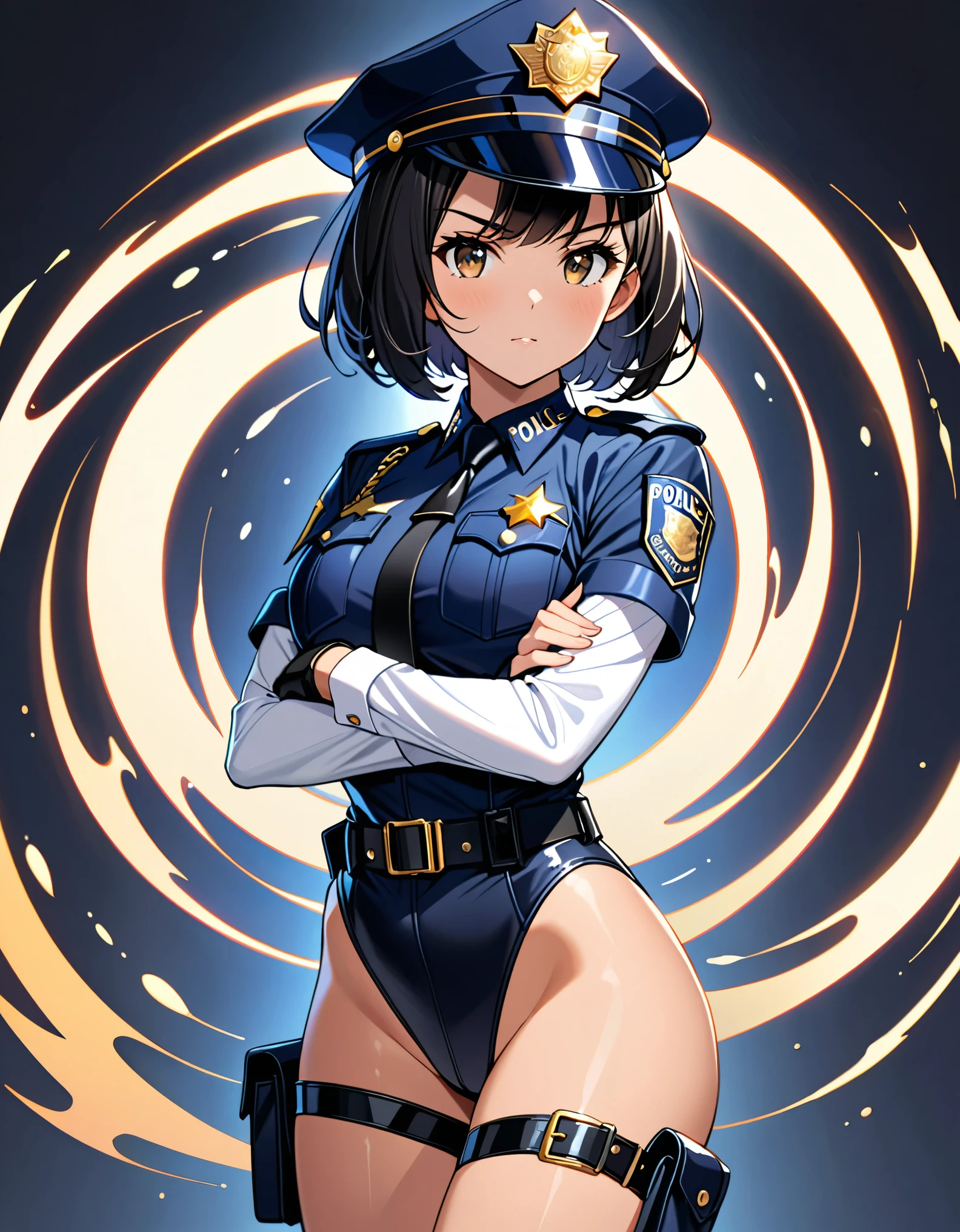 (masterpiece), (best quality), (high res),1girl, tall body, ((short hair, bob hair, jet black hair)), (hazel eyes) beautiful detailed eyes, beautiful detailed face, cute face, perfect hands, complete fingers, perfect anatomy, perfect proportions, ((hat, black police hat)), ((leotard, matching leotard, bare legs)), ((boots, matching boots)), breasts, medium breasts, fingerless gloves, (full body portrait), looking at viewer, solo, solo focus, police uniform, cowboy shot, (belt, tight belt), (armbands, white sleeves), serious, crossed arms, full body costume design. ahoge, she spins at an incredible speed, creating a whirlwind of air around her.