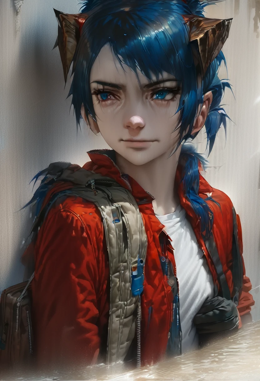(woman), ((Mostima from arknights)), masterpiece, best quality, blue hair, ((short hair)), ((pony tail hair)), horns, plain white shirt, red fullbody coat, dark blue eyes, realistic anime style, faint smile, portrait, black gloves, carring a bag.