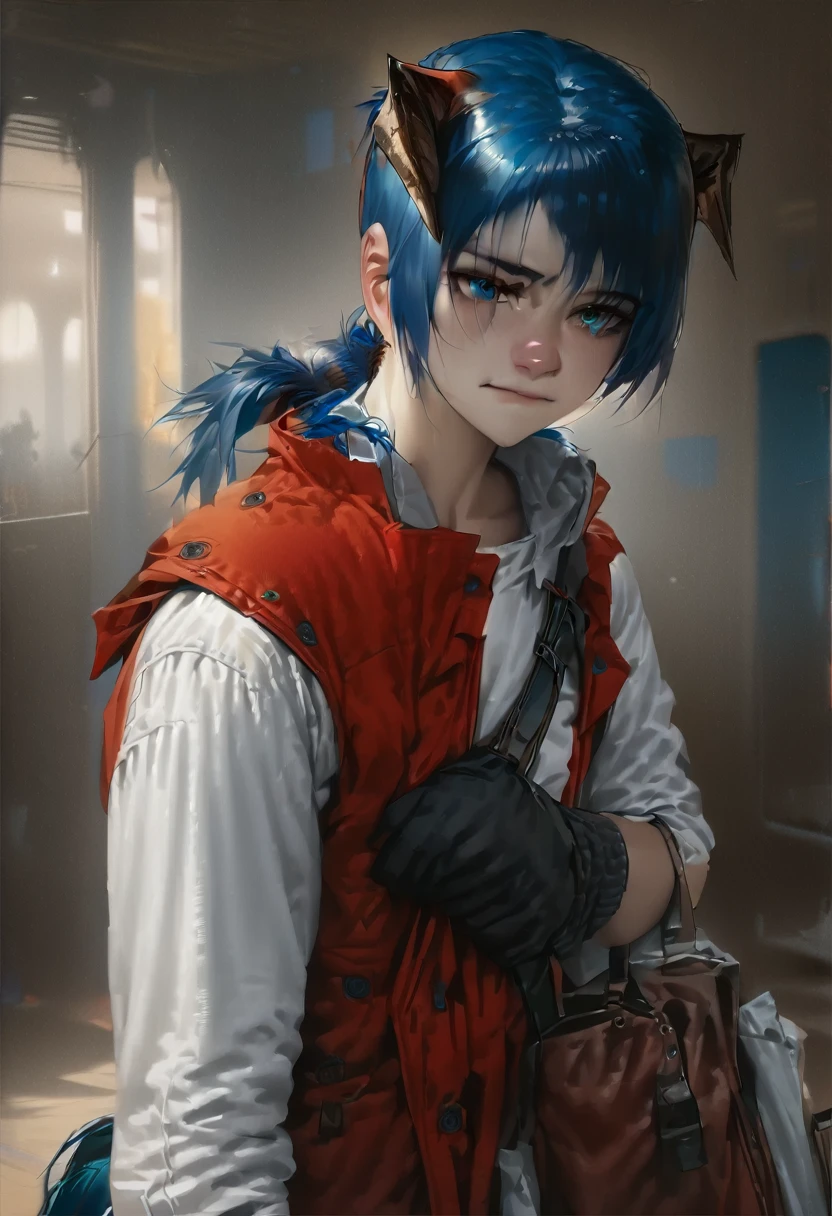 (woman), ((Mostima from arknights)), masterpiece, best quality, blue hair, ((short hair)), ((pony tail hair)), horns, plain white shirt, red fullbody coat, dark blue eyes, realistic anime style, faint smile, portrait, black gloves, carring a bag.