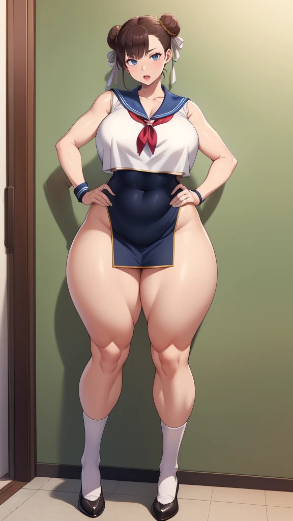Large Breasts, Big Hips,Full Body Shot, Mature mother, Whipping the lower body, plump thighs, Ample calves, Seductive mature woman, Perfect body, Plus Size Model,high school girl,Sailor suit, The skirt is short,Mature woman wearing Sailor suit,Chunli