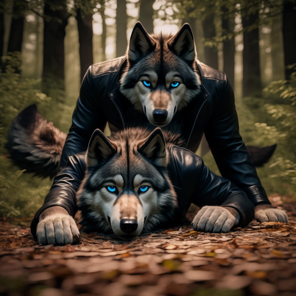 Posing, 1Male, 30 years old, cute, eyeliner, very sad expression, mouth open, black leather jacket, anthro, sad wolf ears, (black fur:1.5), wolf, forest background, 8k, hi res, (best quality, masterpiece), (wolf tail:1.5), detailed fur, solo, collar, blue jeans, blue eyes, lying down on ground. dynamic angle, ultra-detailed