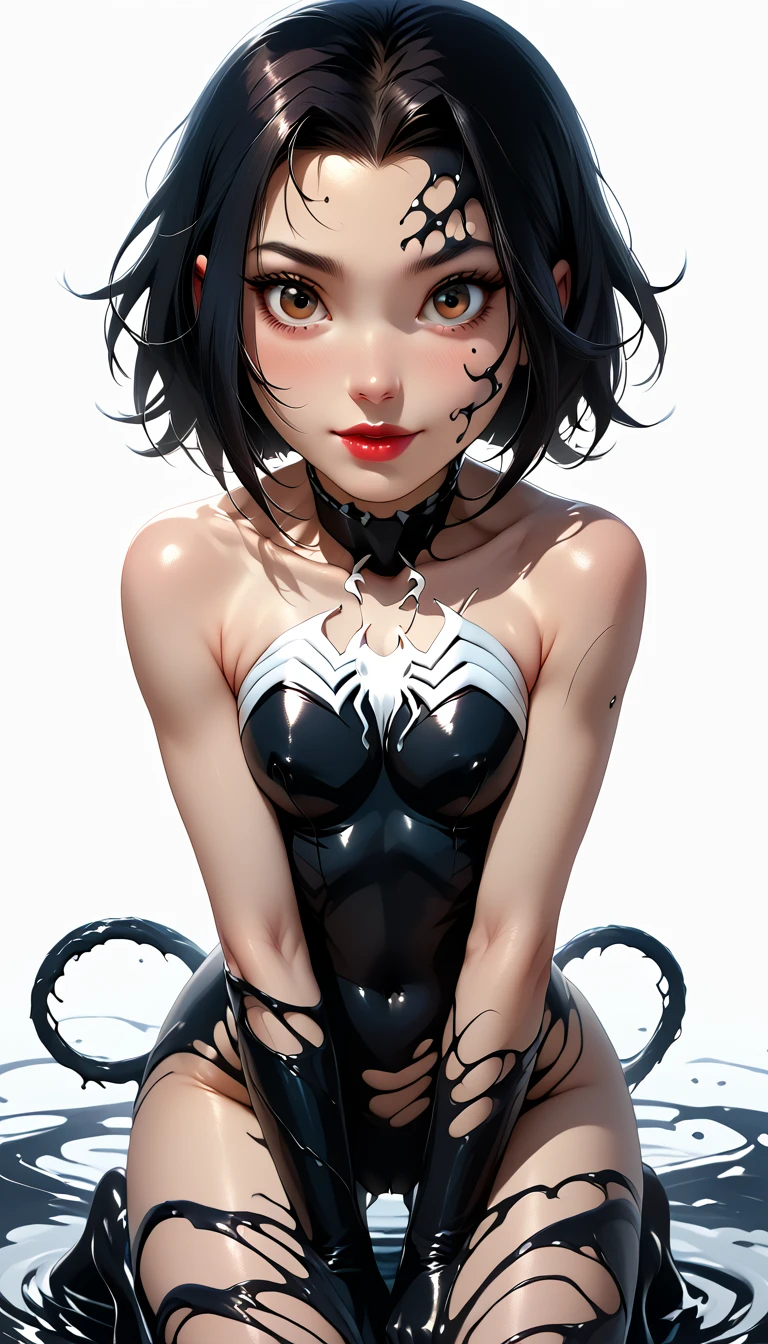 sexy female character art, (hews art style:0.7), score_9, score_8_up, score_7_up, score_6_up, uncensored, Jadechan being taken over by She-Venom, short black hair, dark hair, forehead, brownish-red eyes, BREAK (masterpiece:1.2), best quality, high resolution,(detailed eyes:1.3), perfect lighting,(perfect hands, perfect anatomy), large breasts, venom_assimilation, transformation, dehumanization, kneeling, corruption, (digital painting, concept art, smooth, sharp focus, intricate details, UHD, masterpiece: 1.2), accentuated nipples, slim and busty body type, pro-style digital_illustion from pivix, bratty, clean youthful face, teen-like, innocent face, Jackie_Chan_Adventures/Venom crossover, blank background,