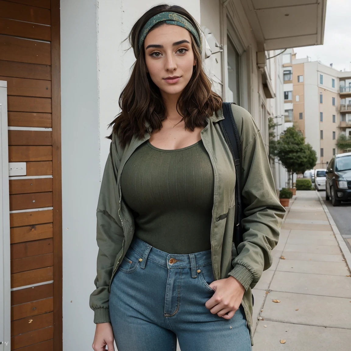 Extremely busty thin and toned brunette photographer, college girl, fair skin, loose side sweep, soft face, athletic, bandana babushka headwrap, tight olive green casual windbreaker, skinny jeans. standing in front of her apartment building, outdoors, city, camera bag, cleavage