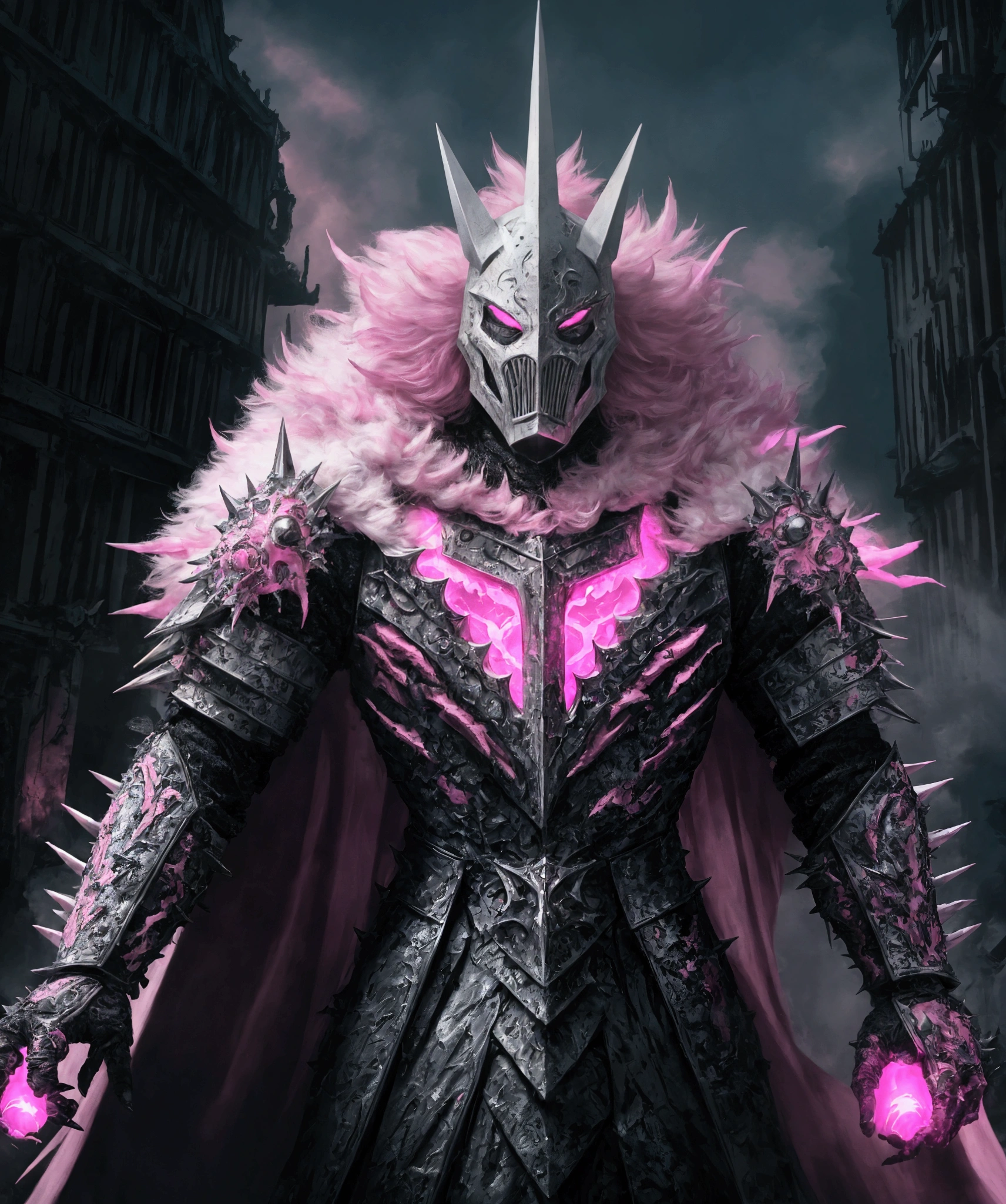 (extremely detailed 8k wallpaper), a medium shot photo of Grim dressed as a scary masked white and pink furry-supervillain in a white and pink spiked armour made of fur glowing armour with spikes from marvel, theme, intricate, high detail, dramatic, furry monster and destroyed buildings in the background