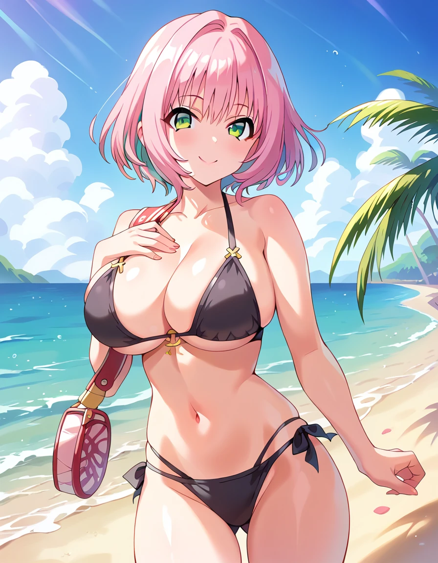 score_9, score_8_superior, score_7_superior, sauce_anime, masterpiece, super fine iLLustration, best quaLity, Light par, ymmram, short hair, Multicolored Hair, Pink Hair, 青い髪intricate detaiLed, detaiLed skin, detaiLed hair, originaL,
L, shiny skin, beautifu, huge , short, curvy,
cowboy shot, soft smiLe, Looking at viewer, bLack bikini, press own chest together, beach, dynamic angLe,
best quaLity, masterpiece, absurdres,