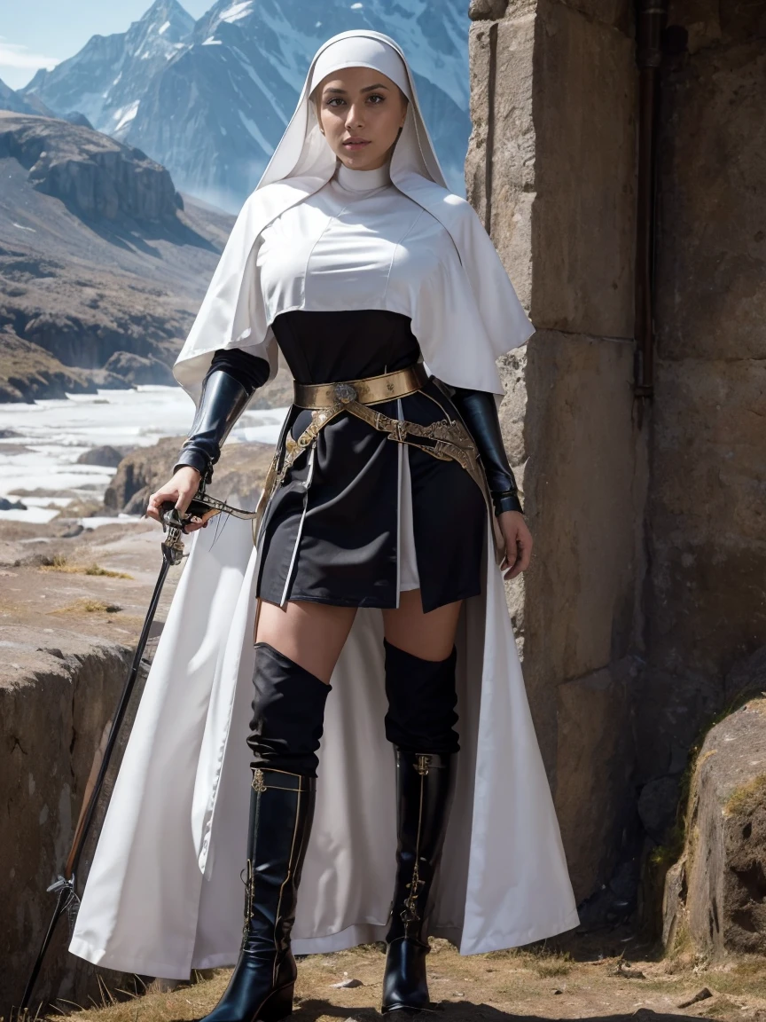 (masterpiece, top quality, best quality, official art, beautiful and aesthetic:1.2), (1girl:1.3), ((Sharp facial features, sharp features, hawkish features)), ((grey eyes)), busty paladin knight girl, extremely detailed, portrait, looking at viewer, solo, (full body:0.6), detailed background, full-body shot, (cold mountain nighttime glacier theme:1.1), holy knight, (nun), charlatan, smirk, mysterious, swaying in mountains, armor, polished metal, gold trim, long boots, white fabric, pelvic curtain, robe, pale leather, ((((nun, crossbow, heavy armor, armored, long legs, robes, prayer scrolls, toned, muscular)))), slim waist, slim hips, long legs, medieval (mountain exterior:1.1) background, dark mysterious lighting, shadows, magical atmosphere, dutch angle
