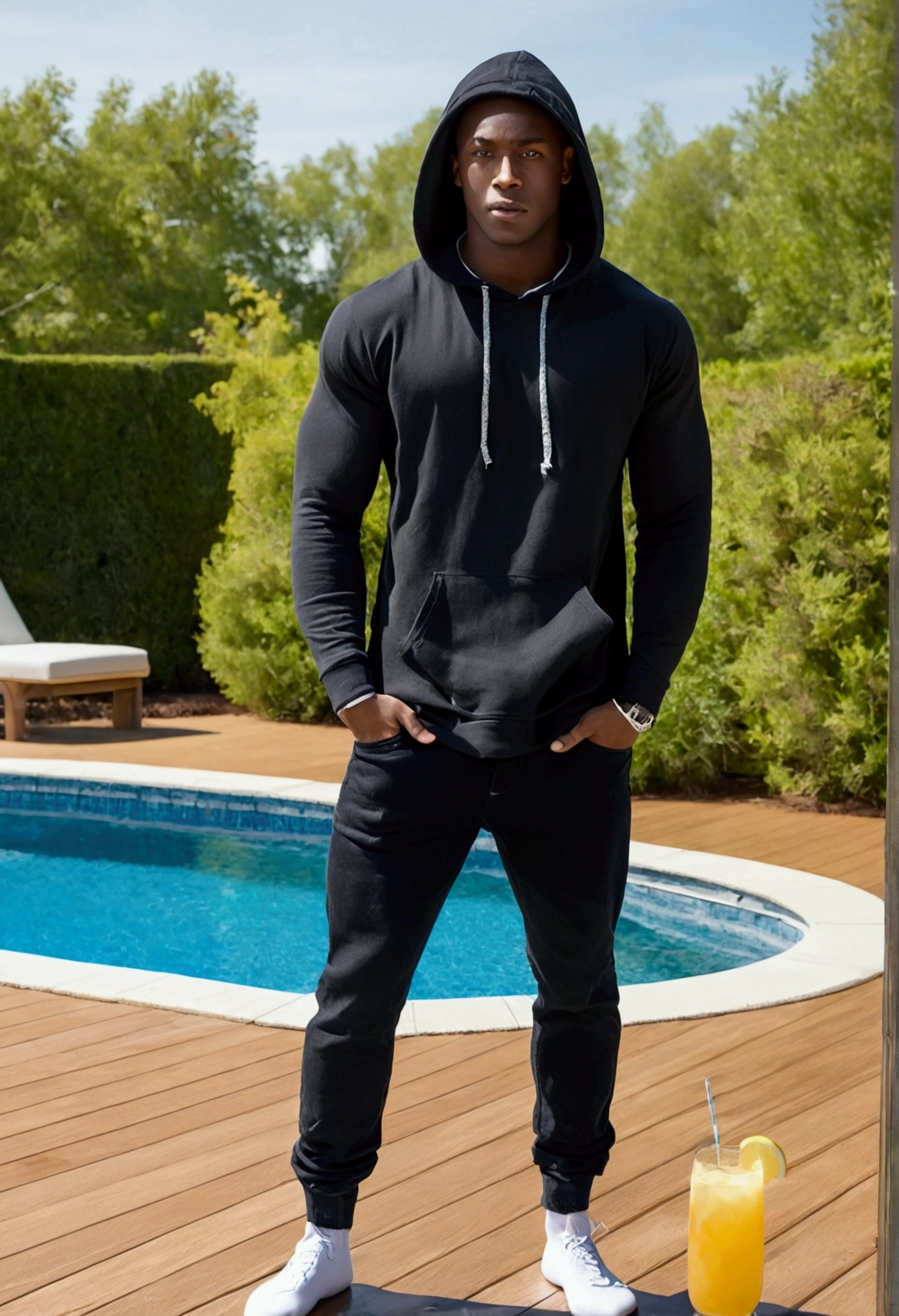 Blonde, 1m70, Light blue eyes, fine nose, oval face, wearing a white tshirt and a black hoodie, she is wearing a large jean, white socks and footts naked , realiste, Cute, overall plan, bright eyes,, angle from the back counterdive, hand behind her back, loking up, generous chest, muscular butt, drinking lemonade on a deck heir, next to a pool. Next to a young and tall, strong and muscular black man is standing, he only is wearing a black swiming pool,