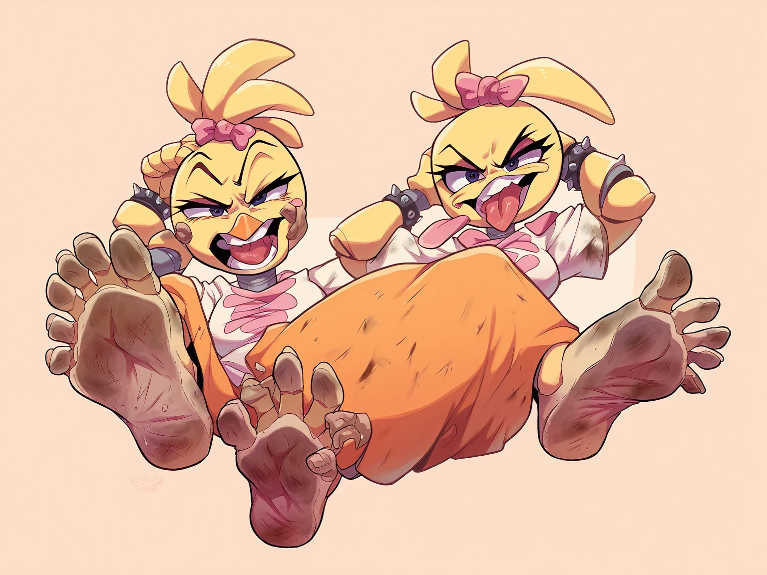 Chica the chicken from fnaf, licking very dirty soles, very stinky feet, disgusted face, very dirty. Scary orange background. Masterpiece, detailed, UHD