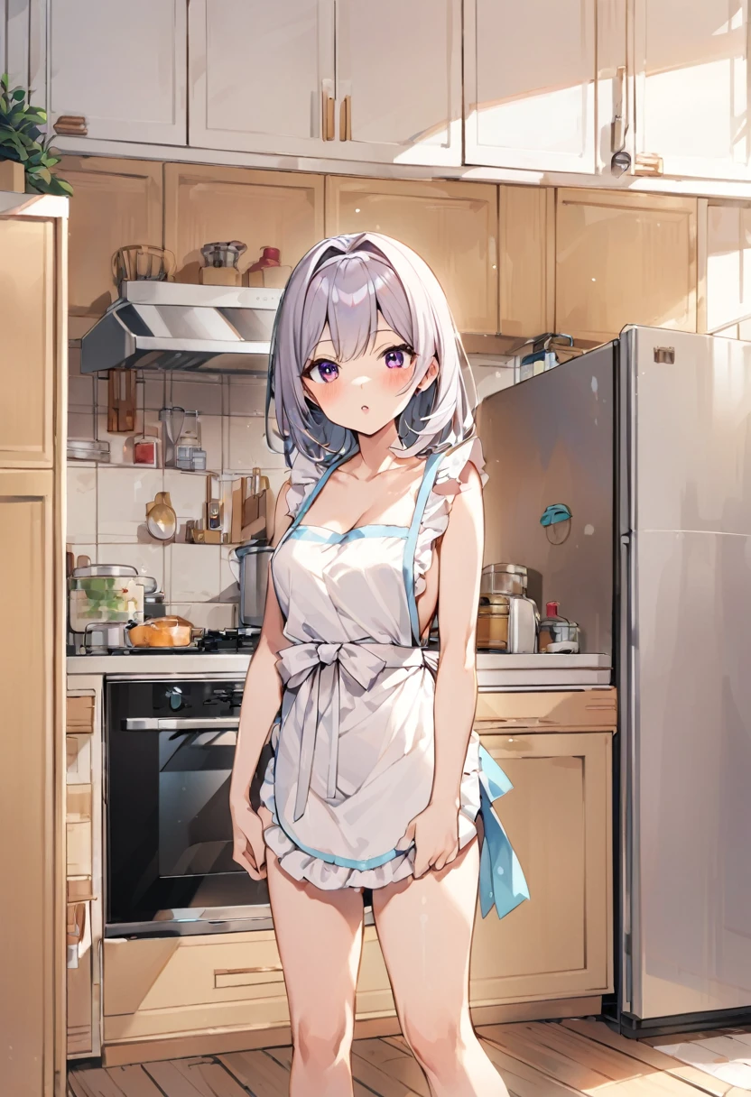 Around 40 Japanese housewife、Naked Apron、kitchen、Turn around、ボブカット、後ろ姿