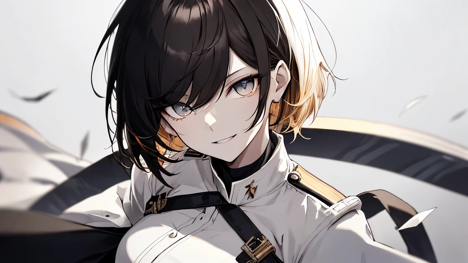 whole body, White one-piece military uniform, Jet black hair,(Tabletop:1.2, highest quality), (Beautiful, detailed eyes: 1.2), (Beautifully detailed face), High Contrast, (Best lighting, Very delicate and beautiful), ((Cinematic Light)), dramatic light, Intricate details,Dark orange eyes, Shining Eyes,low length, Small breasts、Belt under the chest、White military uniform, White Skirt,Blonde, Black tie, (Pale white background:1.5), Wolf Cut Hair, accurate needle, look at me and smile, unreddish skin, shortcut, Looking up,