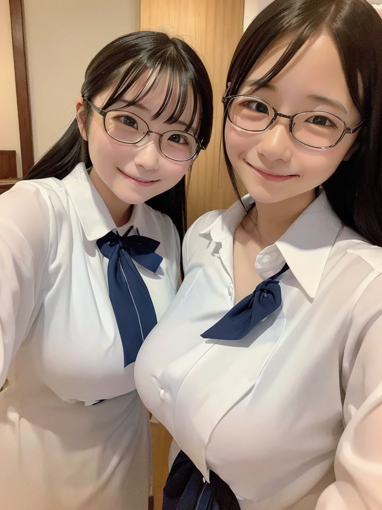 Highest quality、masterpiece、、Very detailed、Realistic、(Two Girls)、(Looking at me with a smile:1.5)、whole body、Small face、(Slender:1.2)、(Big Breasts)、Glasses、(Waitress Uniform)、Braid、Erect nipples、(Anna Miller's uniform:1.2)、apron、(Showing off her panties by holding them with both hands:1.2)