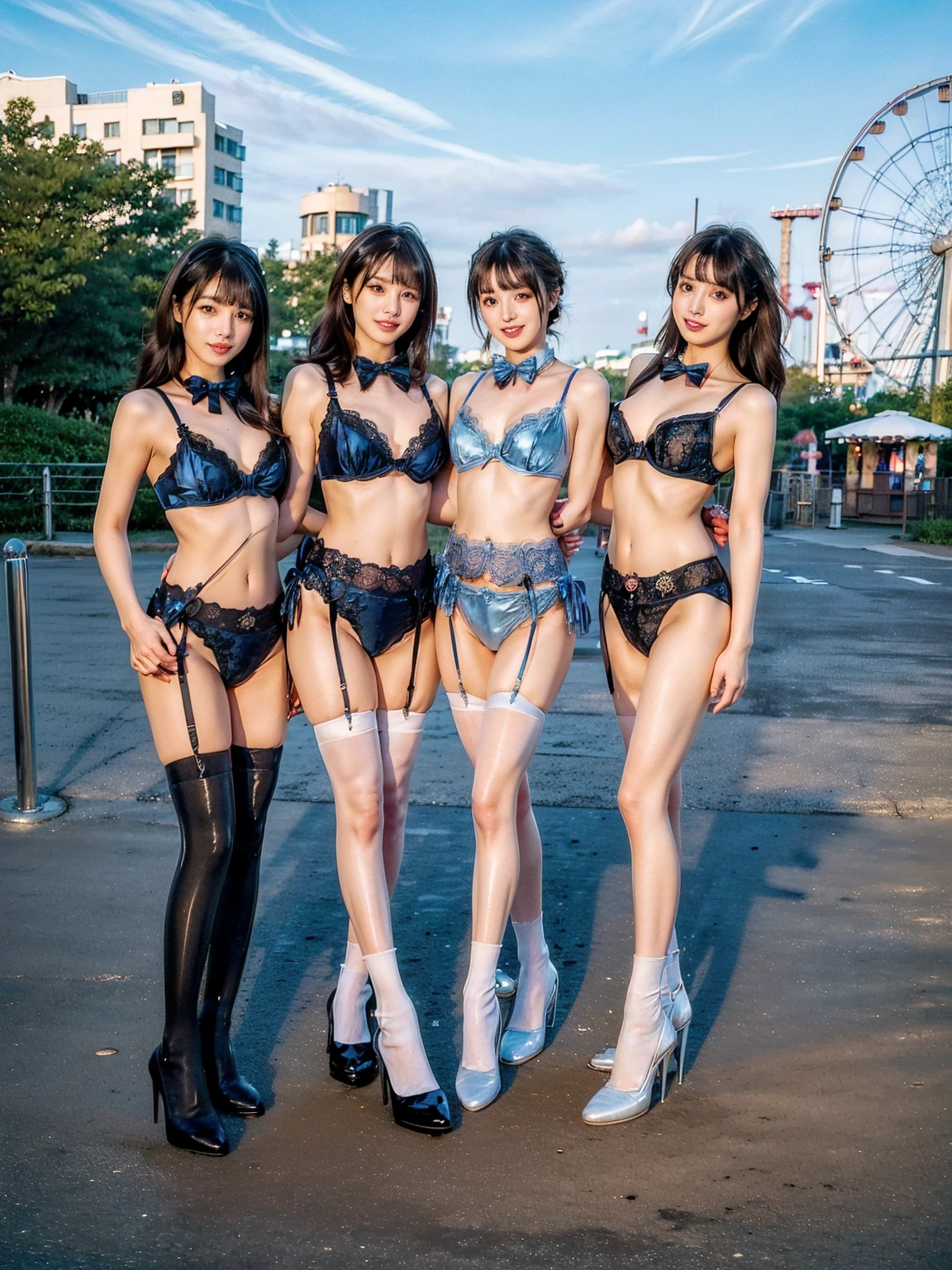 (((masterpiece, highest quality, High resolution, Perfect Pixel, Depth of written boundary, 4K, RTTX 10.0))), Beautiful Woman, Beautiful art style, ((Smooth texture, Realistic texture)), Perfect Anatomy), Cinematic, Realistic, Extremely detailed CG, Daytime lighting, Perfect lighting, Best Shadow, The best natural light, whole body, Perfect body, ((Long Hair, bangs, Dark brown hair, Stylish hairstyle)), ((Three pretty women walking side by side:1.6)), ((Bow tie around neck, High heels:1.3), (Sexy and cute blue underwear:1.3), (Stylish shiny blue satin panties, Side-tie panties:1.3), (Thin panties:1.3), (Blue micro lace satin bra, Thin bra:1.3), (garter belt, Knee socks:1.3):1.3), (beautiful and very large breasts:1.2), (Beautiful and thin thighs:1.3), (Short torso:1.3), Feeling embarrassed, (blush:1.2), (Very embarrassed look:1.4), (At an outdoor amusement park, Roller coaster and Ferris wheel behind, Happy people in the background, Cafe:1.3), naked, In underwear, Waitress in underwear, Maid Headband, whole body, Angle from the front, huge breasts,