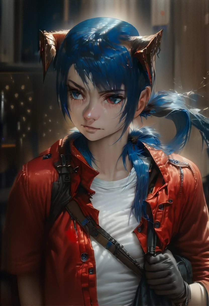 (woman), ((Mostima from arknights)), masterpiece, best quality, blue hair, ((short hair)), ((pony tail hair)), horns, plain white shirt, red fullbody coat, dark blue eyes, realistic anime style, faint smile, portrait, black gloves, carring a bag.