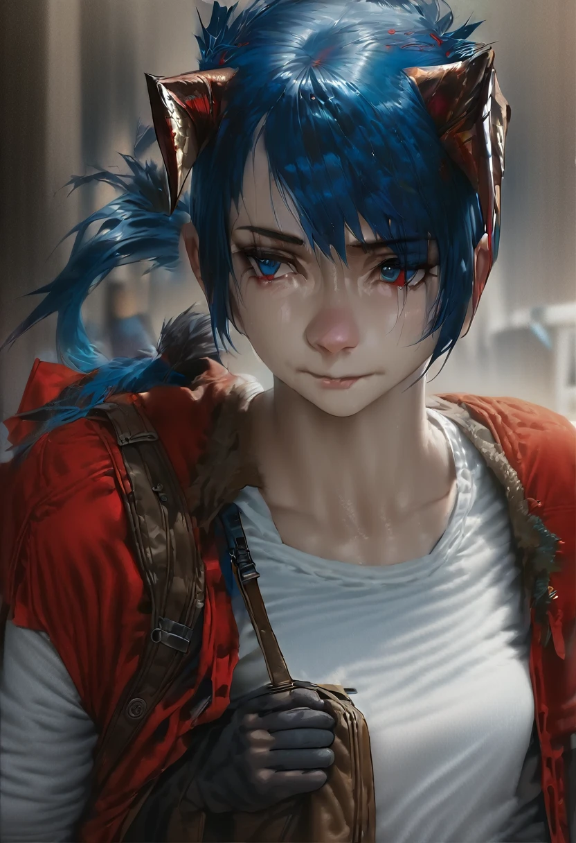 (woman), ((Mostima from arknights)), masterpiece, best quality, blue hair, ((short hair)), ((pony tail hair)), horns, plain white shirt, red fullbody coat, dark blue eyes, realistic anime style, faint smile, portrait, black gloves, carring a bag.
