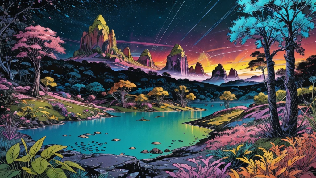 A photorealistic fantastical landscape. The background features floating islands covered in bioluminescent plants, cascading waterfalls of rainbow colors, and giant crystalline structures that refract light. Vibrant colors include deep purples, electric blues, neon pinks, and shimmering golds. The lighting is ethereal, with a soft glow emanating from the plants and crystals. Broad strokes of bright, contrasting colors sweep across the sky, reminiscent of an abstract painting - vibrant oranges, lime greens, and vivid magentas create a striking contrast against the fantastical elements.