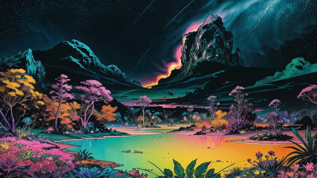 A photorealistic fantastical landscape. The background features floating islands covered in bioluminescent plants, cascading waterfalls of rainbow colors, and giant crystalline structures that refract light. Vibrant colors include deep purples, electric blues, neon pinks, and shimmering golds. The lighting is ethereal, with a soft glow emanating from the plants and crystals. Broad strokes of bright, contrasting colors sweep across the sky, reminiscent of an abstract painting - vibrant oranges, lime greens, and vivid magentas create a striking contrast against the fantastical elements.