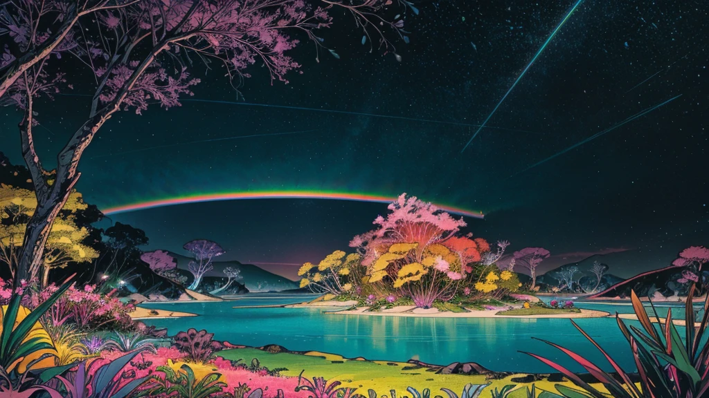 A photorealistic fantastical landscape. The background features floating islands covered in bioluminescent plants, cascading waterfalls of rainbow colors, and giant crystalline structures that refract light. Vibrant colors include deep purples, electric blues, neon pinks, and shimmering golds. The lighting is ethereal, with a soft glow emanating from the plants and crystals. Broad strokes of bright, contrasting colors sweep across the sky, reminiscent of an abstract painting - vibrant oranges, lime greens, and vivid magentas create a striking contrast against the fantastical elements.