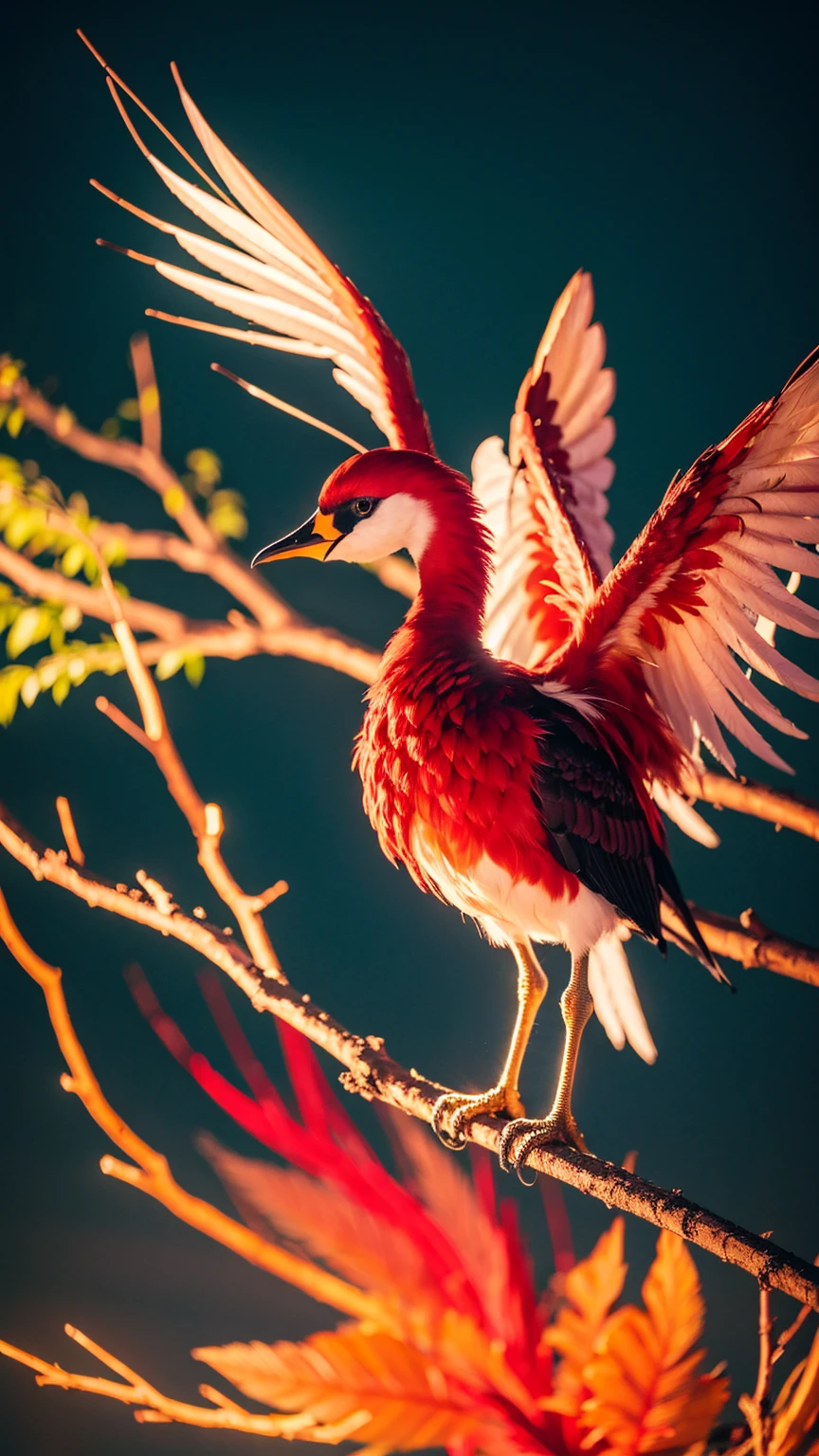 a majestic bird, long tail feathers pink red phoenix swan, perched on a tree branch, anxious, anxious expression, full body, ultra-realistic cinematic image, canon r5 camera, 8k, photorealistic, intricate details, dramatic lighting, stunning colors , award winning photography