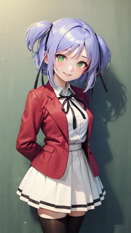 (masterpiece, best quality:1.2), cowboy shot, solo, 1girl, mitsukaidokuro, smile, looking at viewer, arms behind back, red_jacket, white_skirt, black_thighhighs, school