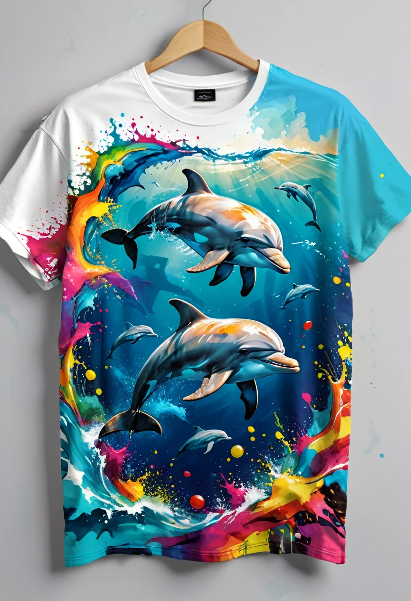 A t-shirt with a colorful illustration of dolphins in the middle of the sea, in the center, vibrant colors, paint splatters and stains, ultra details, 32K quality, neutral background
(artwork, best quality, professional, perfect composition, very aesthetic, absurdity, super detailed, intricate details:1.3)