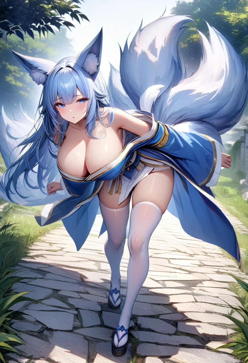 A woman with a long blue shoulderless kimono, big breasts, light blue hair, kitsune ears, kitsune tails, multi tails, blue eyes, long white stockings, walking on a stone road, with bamboo around her, full body, sleepy face ,,HDR, ultra resolution, well defined, masterpiece, 8K HD. (solo woman)