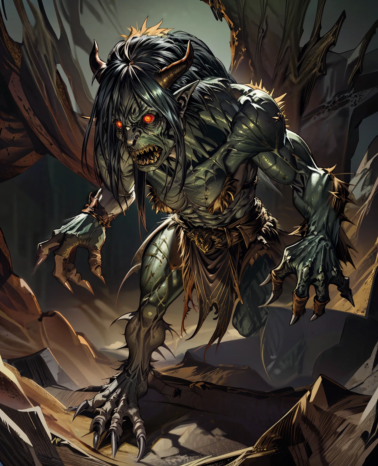 a fantasy troll creature, detailed fantasy troll monster, horns on the head, sharp teeth, green skin, muscular body, large claws, angry facial expression, glowing red eyes, standing in a dark forest, detailed foliage in the background, moody lighting, dynamic pose, photorealistic, 8k, highly detailed, intricate details, masterpiece