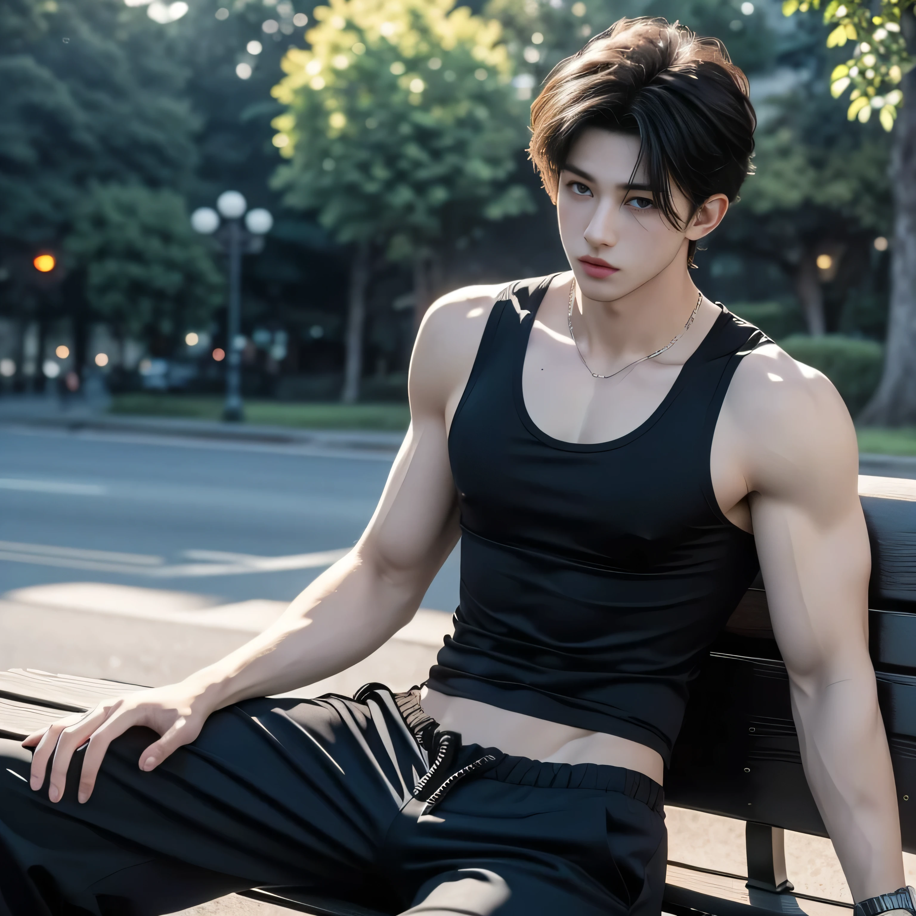 a handsome young man wearing black tank top and long pants sitting on a bench at park in beautiful morning, perfect body, sixpacks, muscle (high-quality, high-detailed, 4k wallpaper)