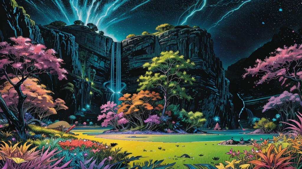 A photorealistic fantastical landscape. The background features floating islands covered in bioluminescent plants, cascading waterfalls of rainbow colors, and giant crystalline structures that refract light. Vibrant colors include deep purples, electric blues, neon pinks, and shimmering golds. The lighting is ethereal, with a soft glow emanating from the plants and crystals. Broad strokes of bright, contrasting colors sweep across the sky, reminiscent of an abstract painting - vibrant oranges, lime greens, and vivid magentas create a striking contrast against the fantastical elements.