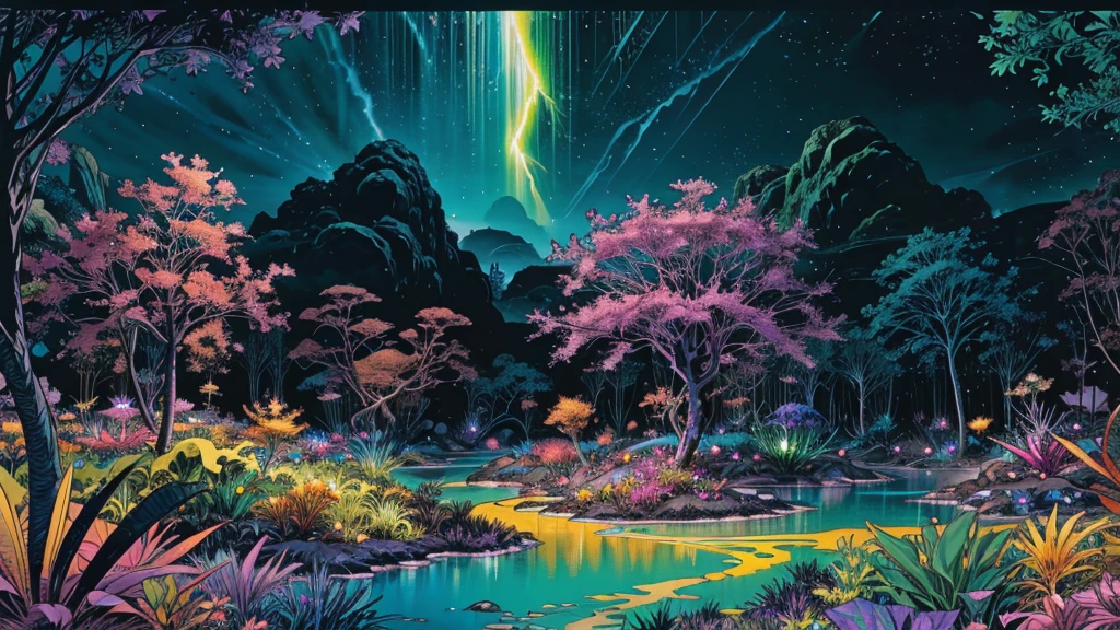 A photorealistic fantastical landscape. The background features floating islands covered in bioluminescent plants, cascading waterfalls of rainbow colors, and giant crystalline structures that refract light. Vibrant colors include deep purples, electric blues, neon pinks, and shimmering golds. The lighting is ethereal, with a soft glow emanating from the plants and crystals. Broad strokes of bright, contrasting colors sweep across the sky, reminiscent of an abstract painting - vibrant oranges, lime greens, and vivid magentas create a striking contrast against the fantastical elements.