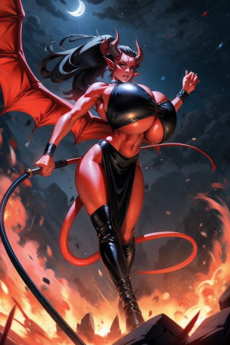 Red skin succubus tiefling, full breasts, gigantic breasts, black horns, wings, huge tail, black leather, crop top, long flowing pelvic curtain, tall, athletic, graceful, thin, long black ponytail. Action scene, whip. Dark scene, explosions, night sky.