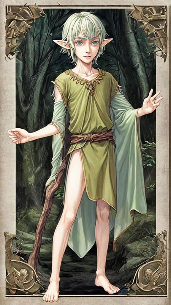 Twelve-year-old thin elven boy in a tunic barefoot