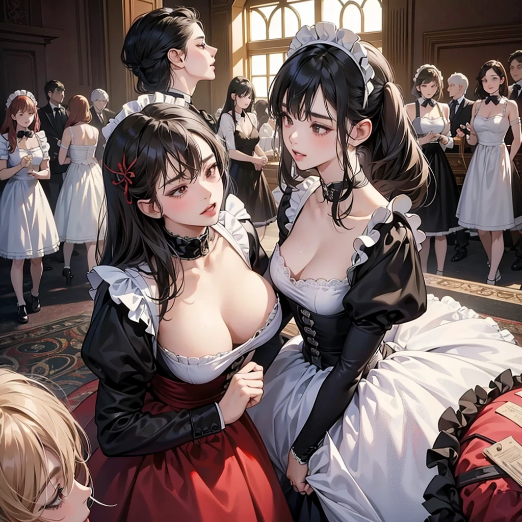 Beautiful shot of 5 females having passionate sex with each other, dynamic poses, female in a crowd of sexy female maids, ((multiple females)), (many beautiful females having sex), female orgy,  female crowd, maid cosplay, tied up, ((fisheye lens)), bdsm, ecchi style, high contrast