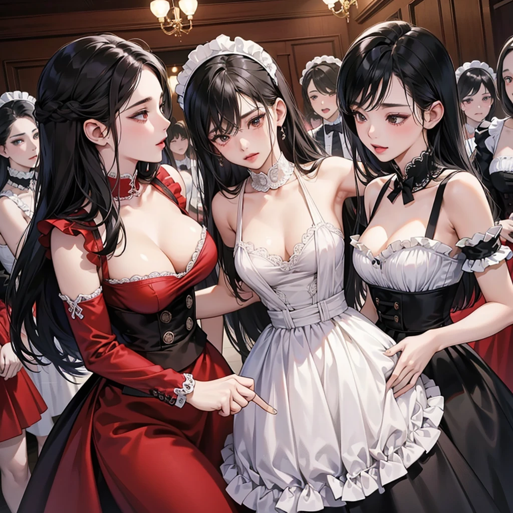 Beautiful shot of 5 females having passionate sex with each other, dynamic poses, female in a crowd of sexy female maids, ((multiple females)), (many beautiful females having sex), female orgy,  female crowd, maid cosplay, tied up, ((fisheye lens)), bdsm, ecchi style, high contrast