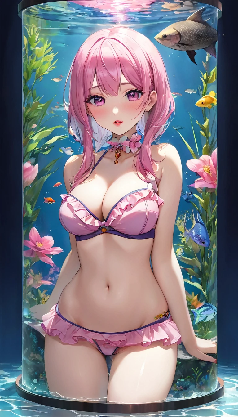 {{{{{16k}}}}}, {{{{{Unique atmosphere in the middle of the transition from girl to sexy woman, transforming a Japanese girl with a cutely pussy into her facial rank to the SSS rank of top-notch pretty actresses, She's in a cylindrical aquarium filled with female hormone fluid with a control panel that allows her to change the shape and appearance and personality of the girl inside at will, The oil of glowing flowers is poured into the aquarium and she is turned into a beautiful herbarium, When the control panel under the aquarium was adjusted to a sexy beautiful big-breasted with tight cleavage slender underbusted personality girl her appearance changed to a beautiful erotic and gentle look, She was a but after being locked in a aquarium for four years and injected daily with beauty-enhancing hormones she grew into a 16-year-old girl erotic fetish for lips and necks and waistlines, The lush growing tits and waistline of a 16 year old ripen quickly when the control panel is moved to a 20 year old and we see her in her prime as a woman, her clearer nip line from underbust to hips, She had a pretty face like an idol but as she grew up she became beautiful like an actress, Her too-beautiful rounded tits wrapped in her separates frills pastel colored bikini, Her hair is replaced by a bang long glossy very Straight hair, The growing body is reproduced with sex-loving, thick vivid lips, Her gasps echoing through the water, She transforms her into a cute once-in-a-millennium}}}}},{{Extremely detailed}},{{{{{integrated her head small, Enchanting Too thick and erotic deep pink lips, Her thickened lips shimmer with luster}}}}},{{{{{Her tattoos spread all over her body, She is tattooed with lewd flowers on her neck, arms, lower abdomen, thighs}}}}}