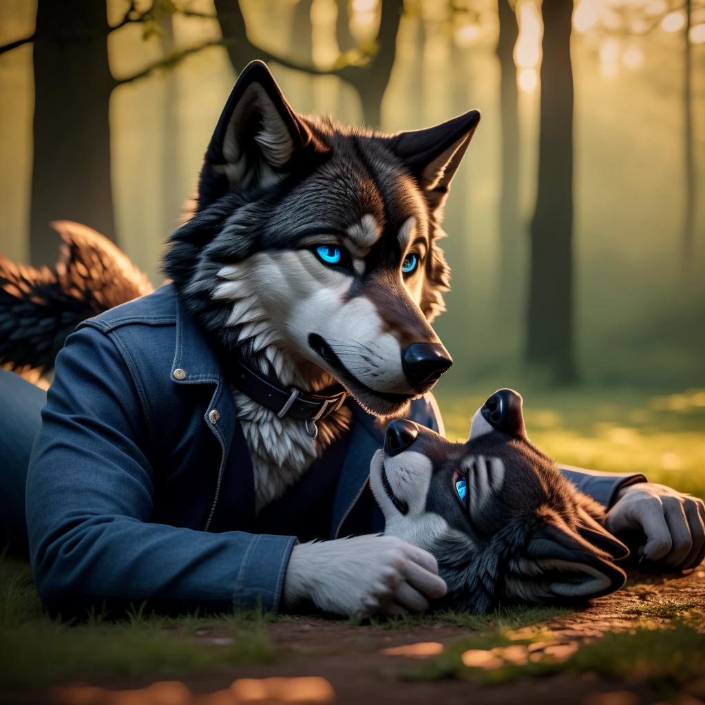 Posing, 1Male, 30 years old, cute, eyeliner, very sad expression, mouth hanging, black leather jacket, anthro, sad wolf ears, (black fur:1.5), wolf, forest background, 8k, hi res, (best quality, masterpiece), (wolf tail:1.5), detailed fur, solo, collar, blue jeans, blue eyes, lying down on ground. 