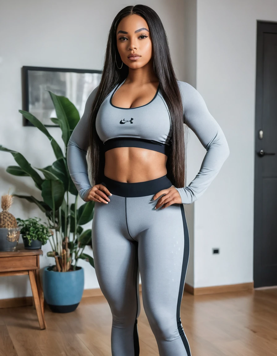 Mixed black ethnicity, curvy girl, long straight hair, y sport clothes, at home, sexose, cameltoe