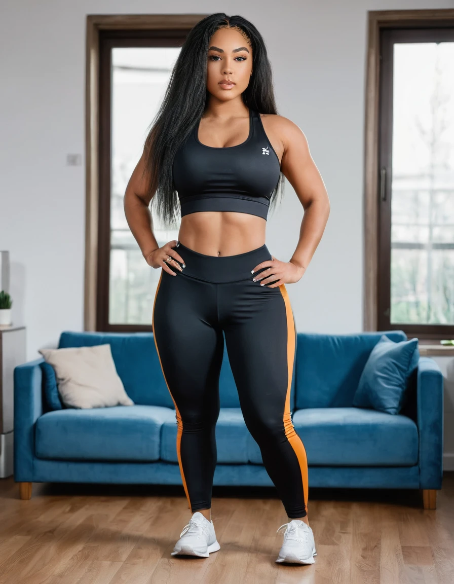 Mixed black ethnicity, curvy girl, long straight hair, sexy sport clothes, at home, sexy pose, cameltoe
