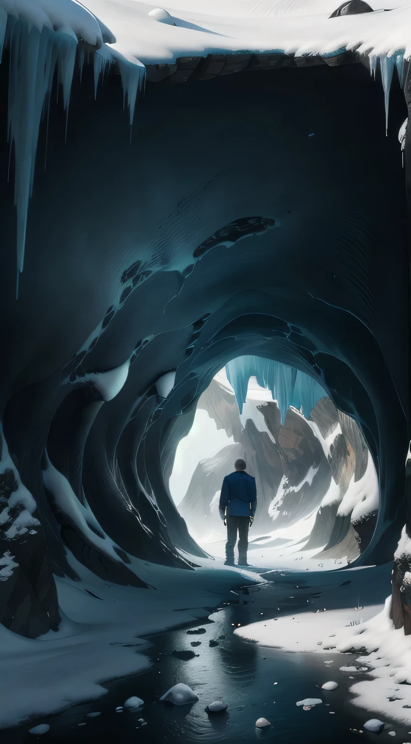 ice cave with a whole, with a man standing far away looking outside, blue background, 8k